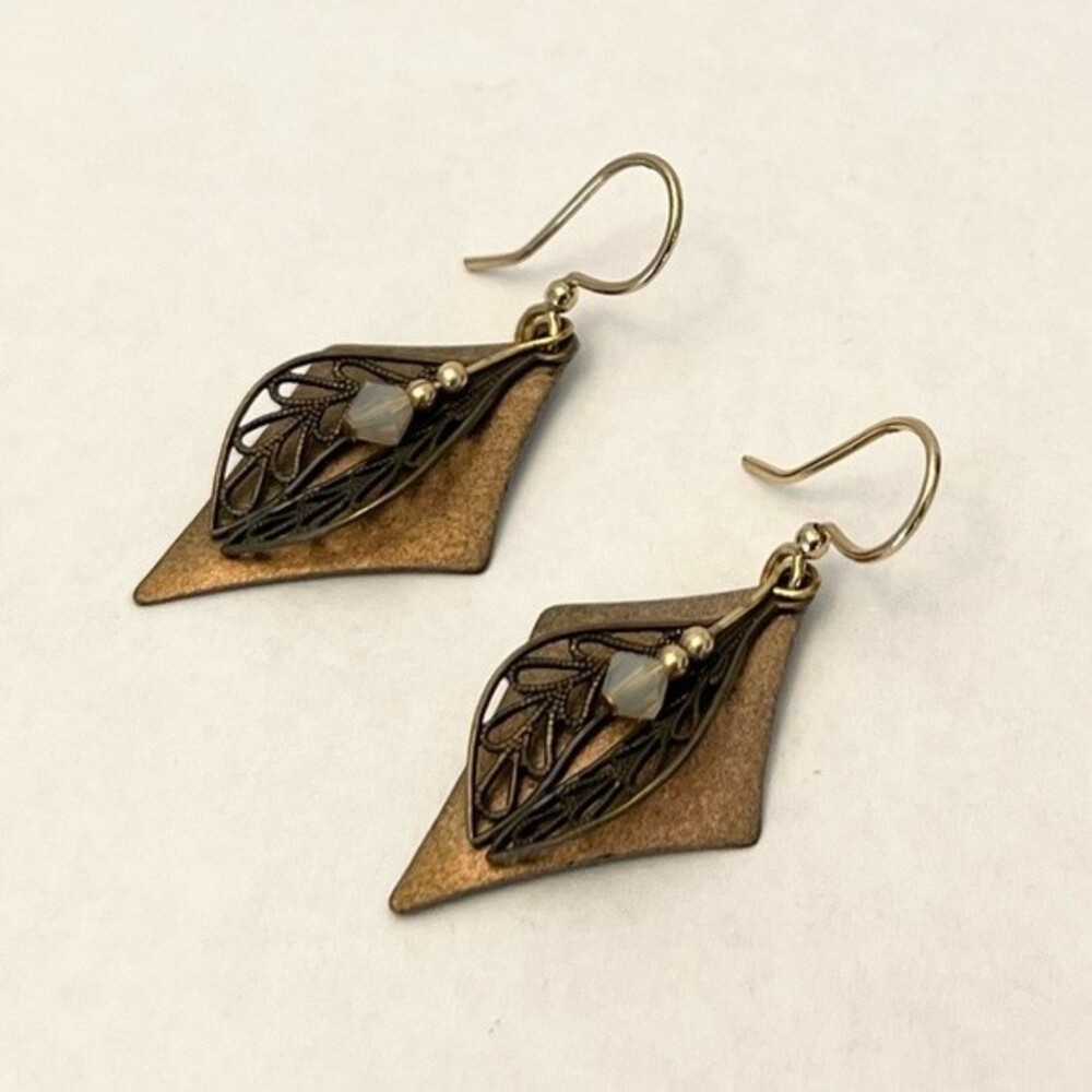 Vintage Drop Earrings Bronze Beaded Layered Gold Tone Dangles